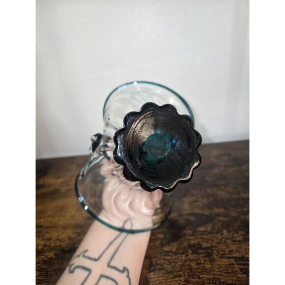 Vintage Clear & Turquoise Hand Blown Optic Glass Basket Applied Rope Handle - Picture 15 of 15